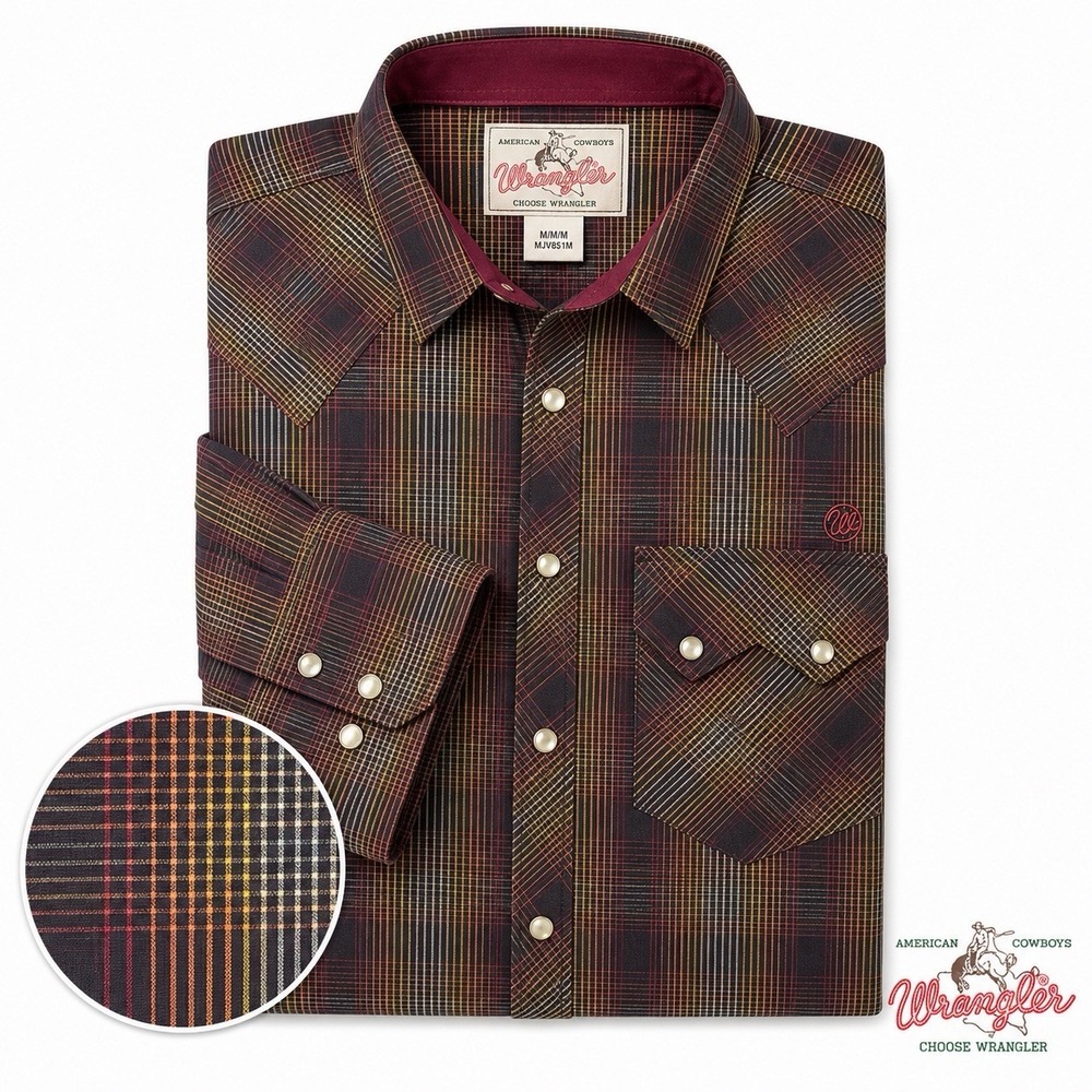 Wrangler American Cowboys Men's Medium Western Pearl Snap Plaid Shirt Red Logo